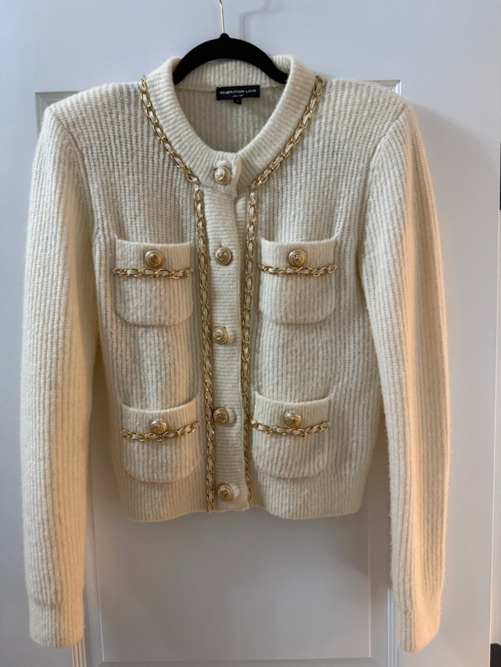 Generation Love Cream Ribbed Cardigan with Gold Chain Trim